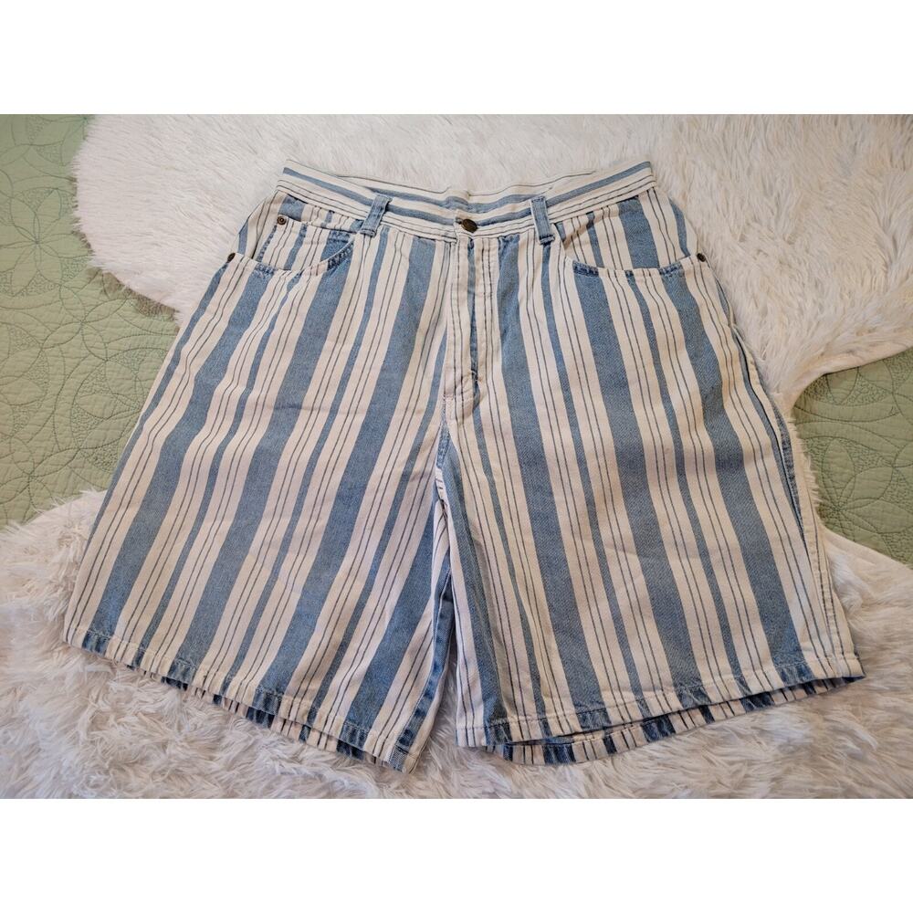 Vtg 80s Backroad Blues Railroad Stripe Denim Ladies Walking Shorts M High Rise